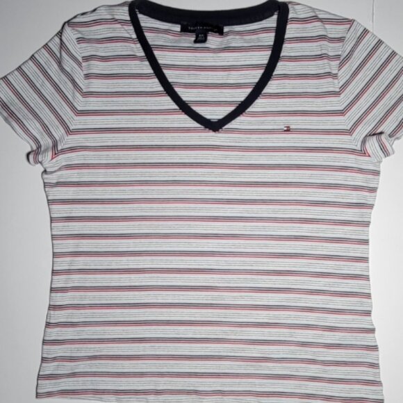 Tommy Hilfiger Womens Red Blue Gray Striped V Neck Short Sleeve Polo Size XL - Picture 1 of 10